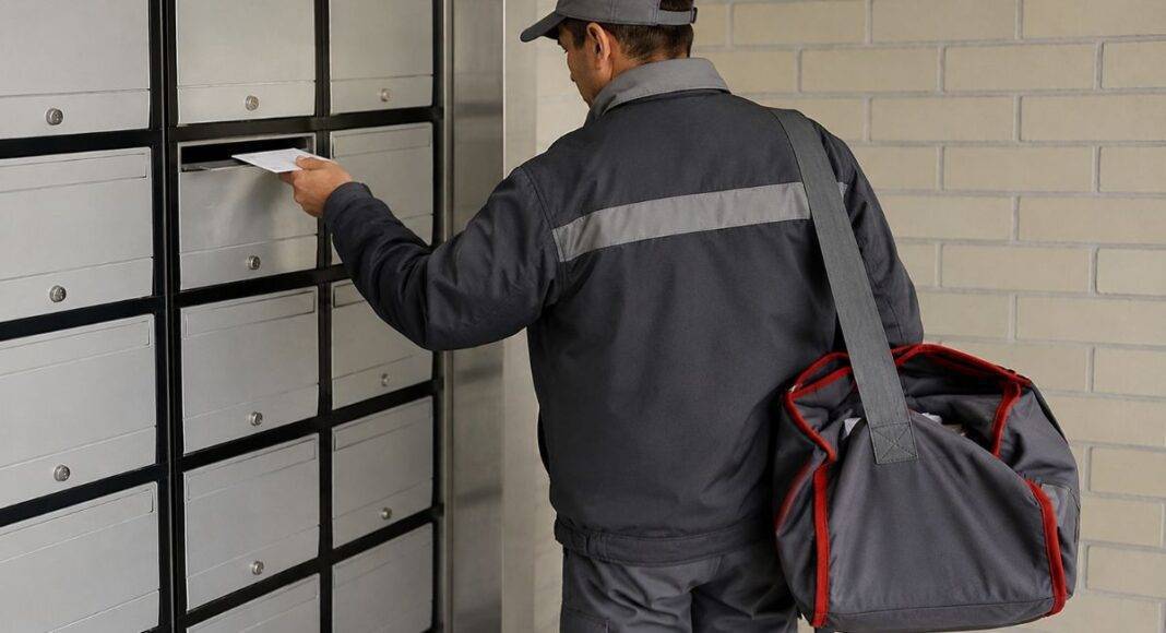 Carteiro colocando carta na caixa