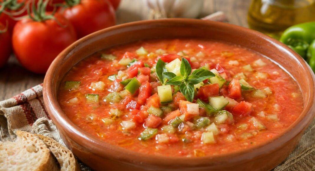 Tigela de barro com gaspacho alentejano, preparado com tomate, pepino, pimento, cebola e azeite, acompanhada por fatias de pão sobre uma mesa rústica de madeira.