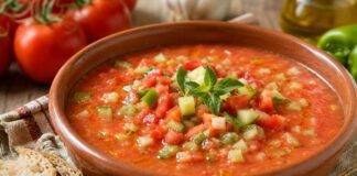 Tigela de barro com gaspacho alentejano, preparado com tomate, pepino, pimento, cebola e azeite, acompanhada por fatias de pão sobre uma mesa rústica de madeira.