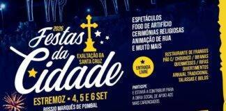 Cartaz das Festas da Cidade de Estremoz 2026, com espetáculos, procissões, fogo de artifício e animação, de 4 a 6 de setembro.