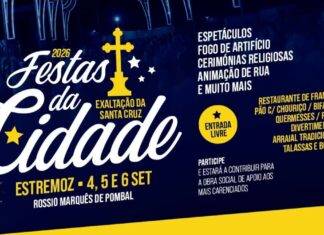 Cartaz das Festas da Cidade de Estremoz 2026, com espetáculos, procissões, fogo de artifício e animação, de 4 a 6 de setembro.